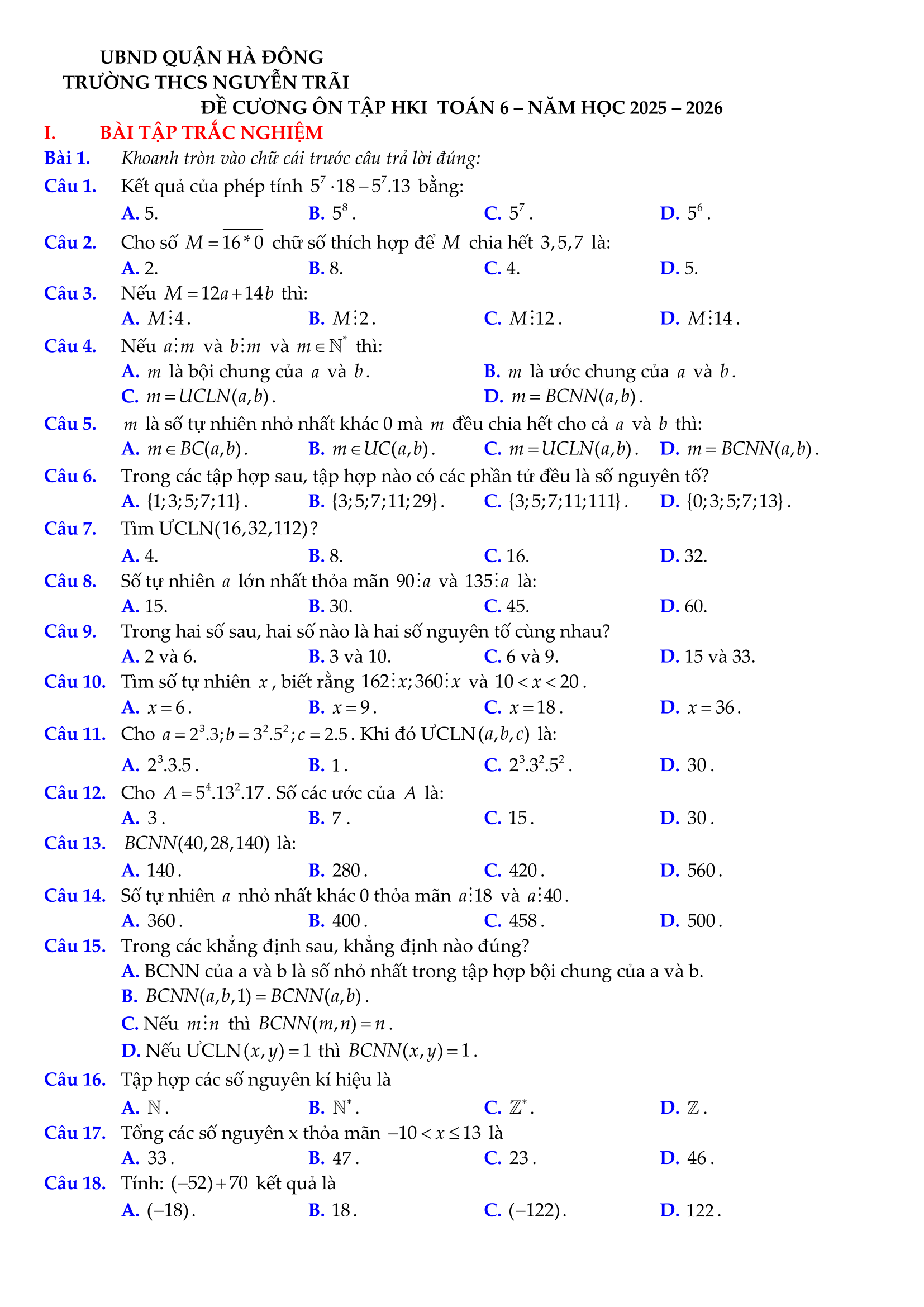 Đề Cương Ôn Tập Học Kỳ I Toán 6 – Trường THCS Nguyễn Trãi (Năm học 2025–2026)